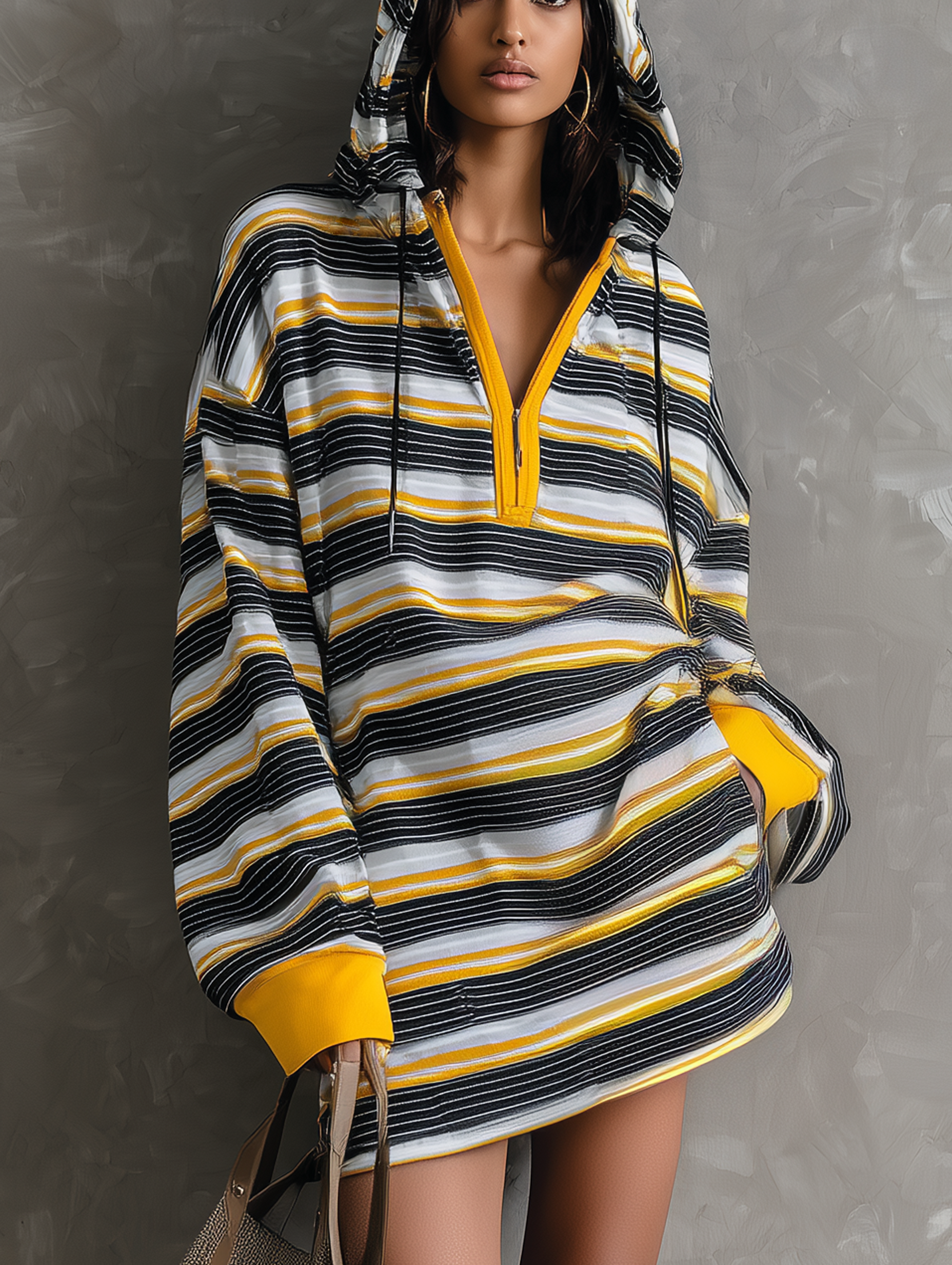 Women's Casual Striped Woven Hooded Long-sleeve Mini Dress MDZ0968G6LXY