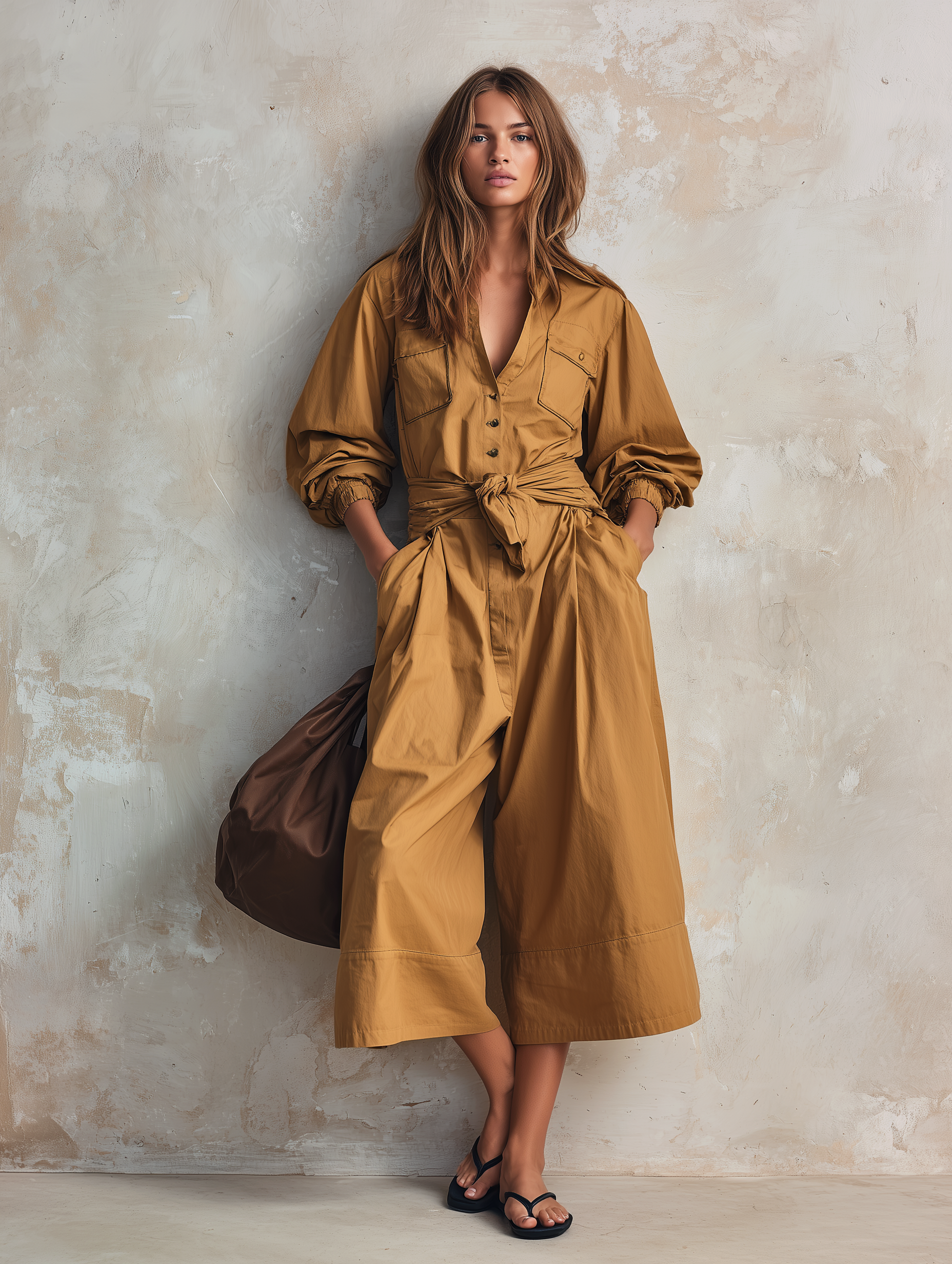 Women's Casual Khaki Woven Long-sleeve Cropped Jumpsuit MDZ0967G1LXY