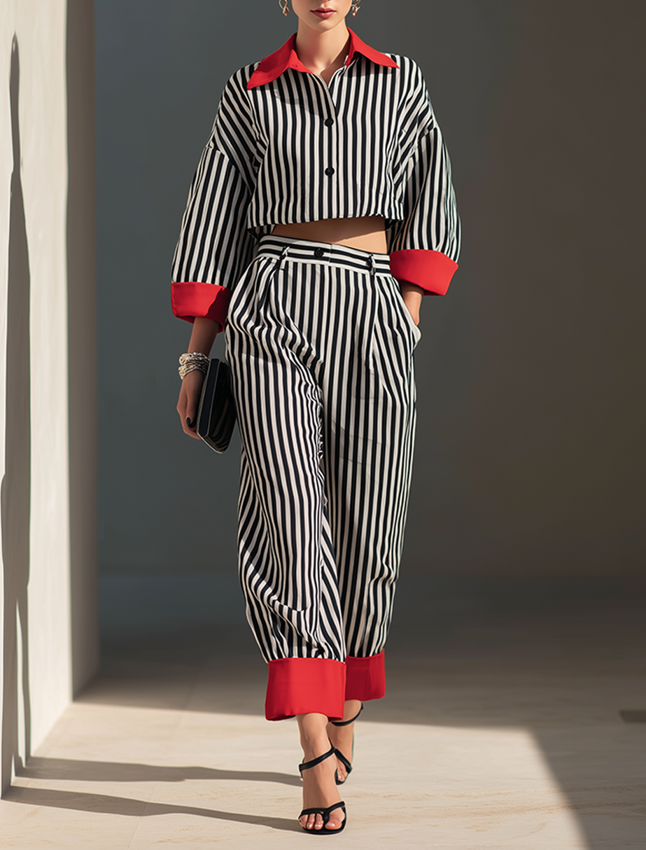 Women's Minimalist Cotton-Linen Blend Color-Block Collar Cropped Shirt & Cuffed Wide-Leg Pants Set MDZ0936G2ZRK