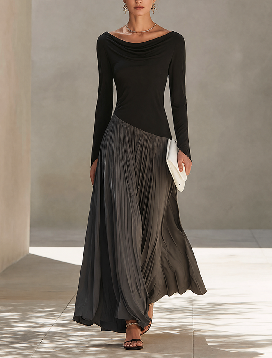 Women's Minimalist Two-Tone Color-Block Maxi Dress With Drape Neckline  MDZ0907G9ZRK