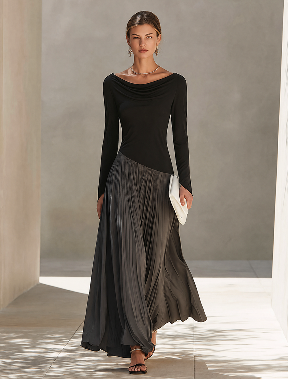Women's Minimalist Two-Tone Color-Block Maxi Dress With Drape Neckline  MDZ0907G9ZRK