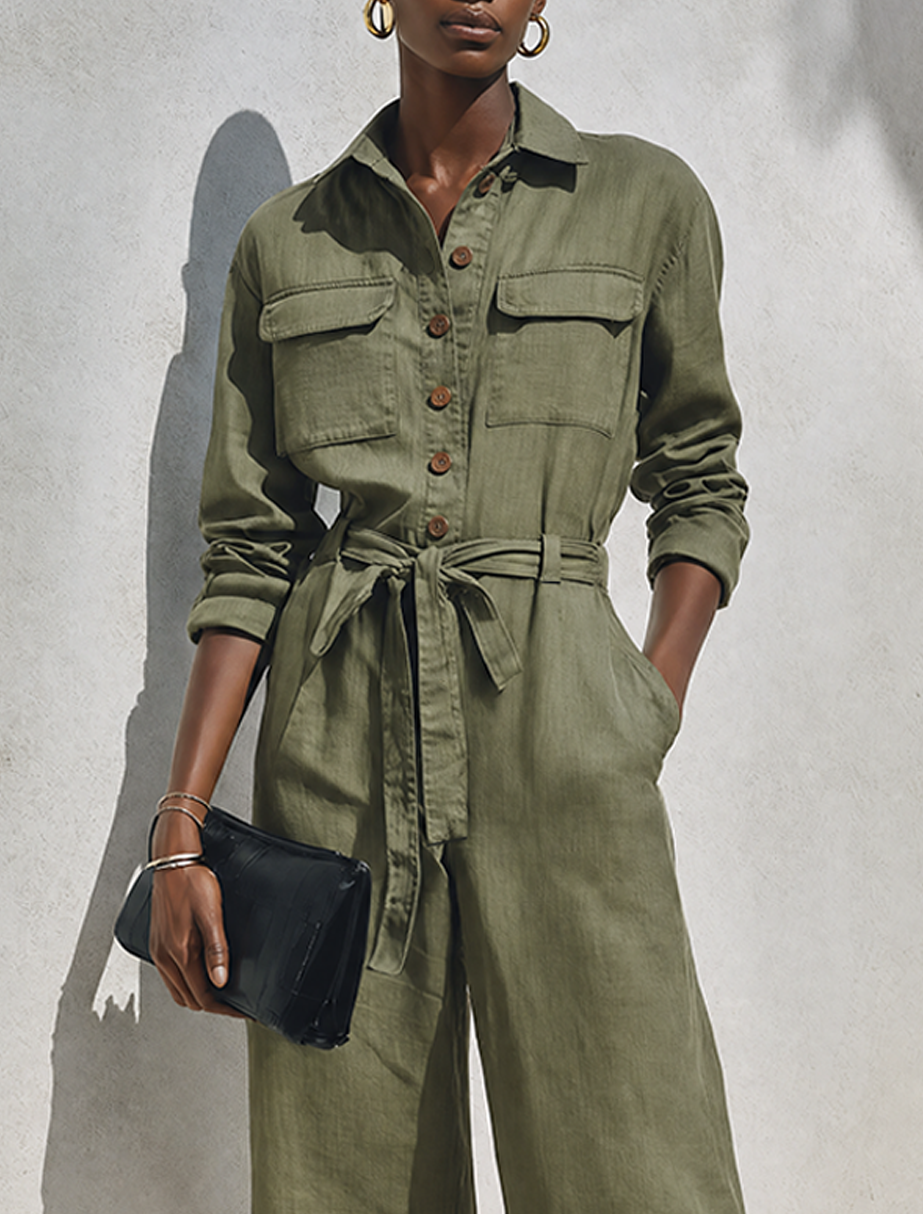 Women's Minimalist Linen-Blend Long-Sleeve Wide-Leg Jumpsuit MDZ0980G6ZRK