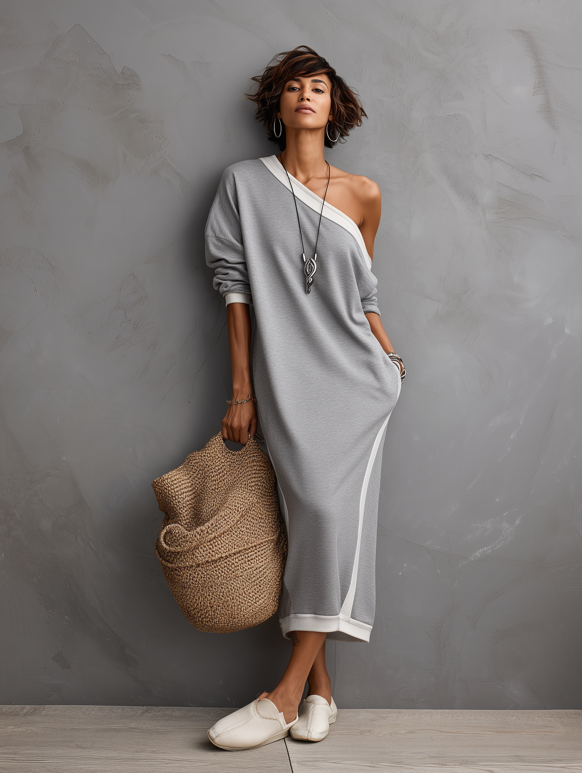 Women's Casual Minimalist Off-Shoulder Long-Sleeve Maxi Sweatshirt Dress With White Trim MDZ0937G8WY