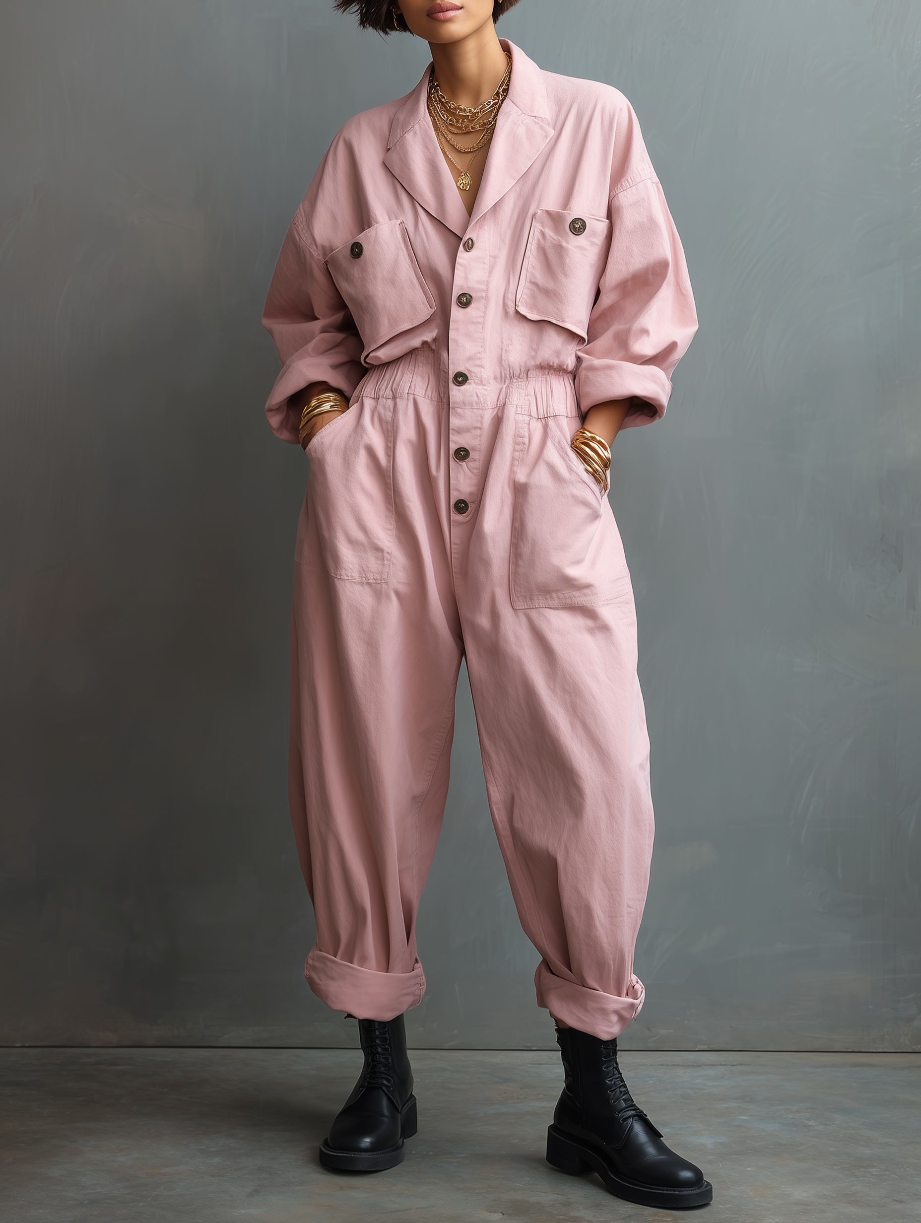 Women's Casual Cotton Twill Single-Breasted Long-Sleeve Jumpsuit MDZ0900G2WY