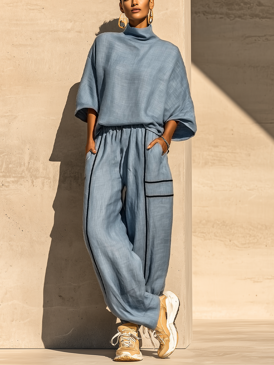 Women's Dusty Blue Linen Turtleneck Three Quarter Sleeve Top Contrast Stripe Drawstring Wide Leg Pants Two Piece Set MDZ0964G5YZJ