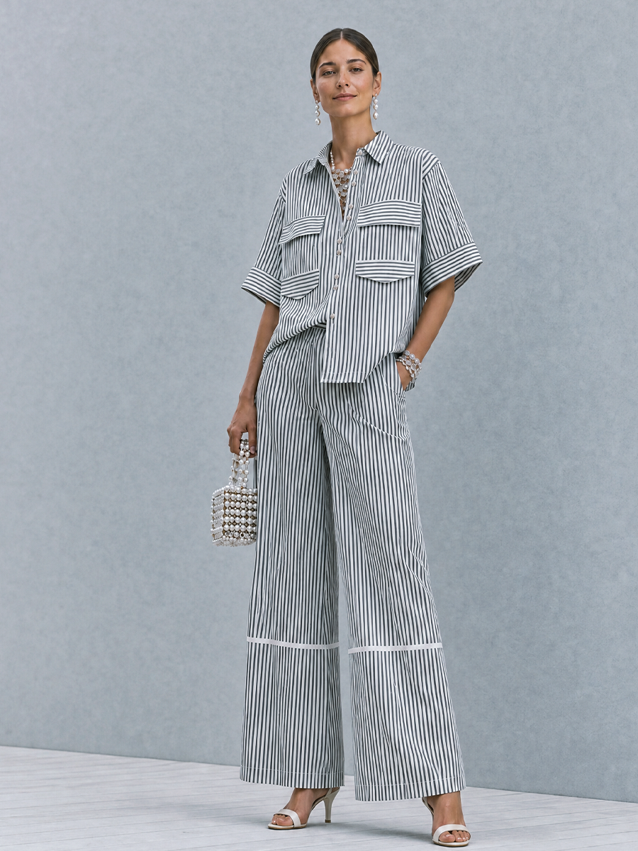Women's Commuter Casual Black And White Vertical Stripe Cotton Blend Lapel Patch Pocket Wide Leg Trousers Two Piece Set MDZ0902G5GMJ