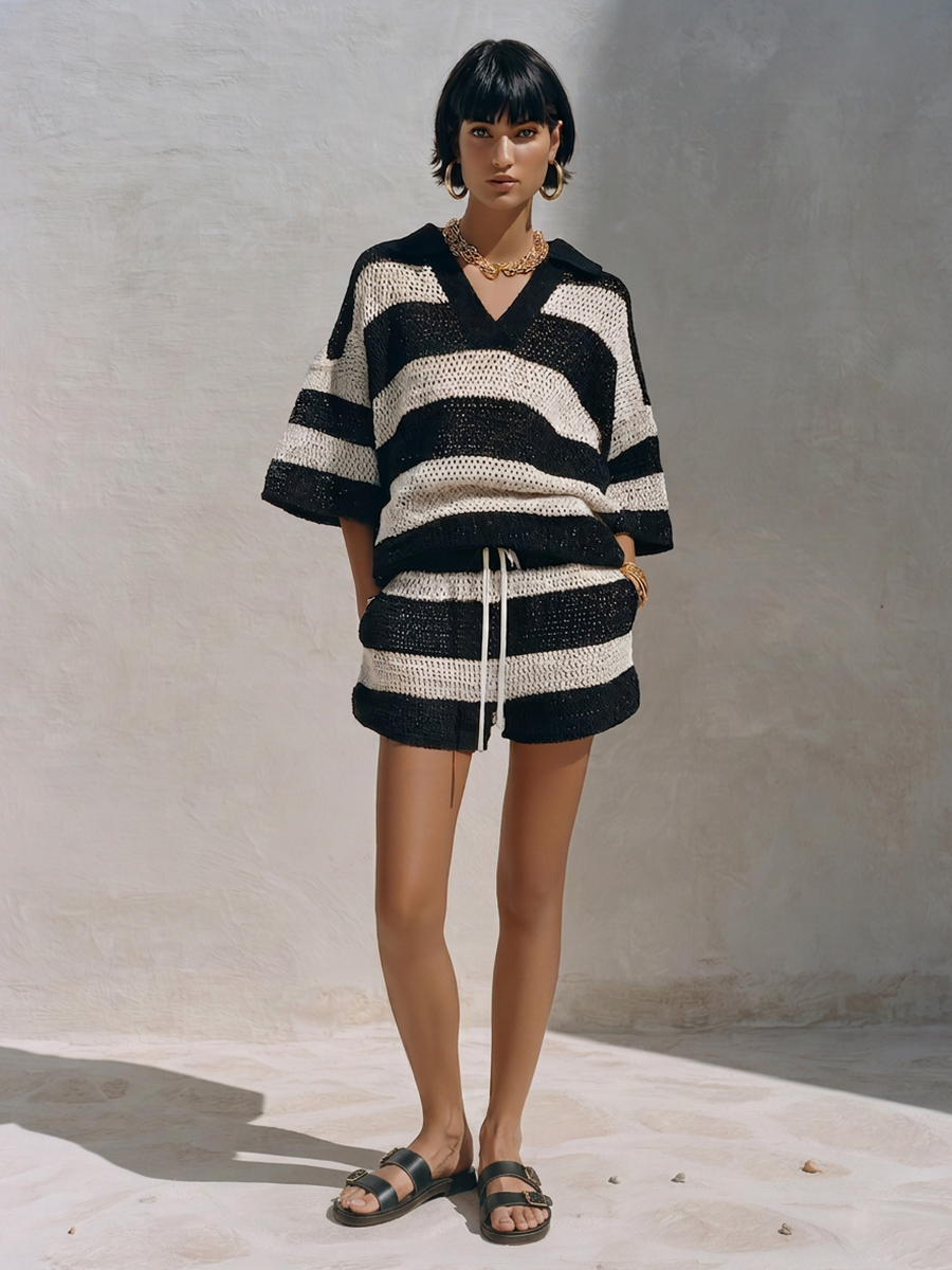 Women's Coastal Black And White Striped Crochet Knit V-Neck Short Sleeve Top And Drawstring Shorts Two-Piece SetMDZ1013G8ZSQ