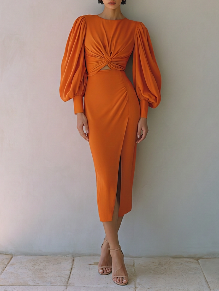 Women's Elegant Burnt Orange Twist Front Cutout Waist Balloon Sleeve Midi DressMDZ1099G2ZSQ