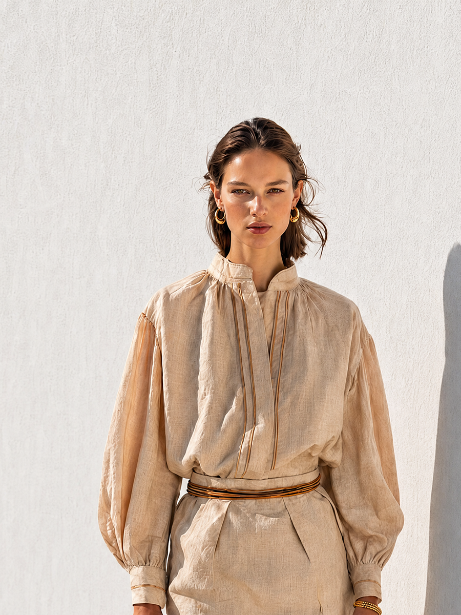 Women's Resort-Style Oatmeal Stand-Collar Bishop-Sleeve Belted Relaxed Linen Mini Dress MDZ1051G4CMX