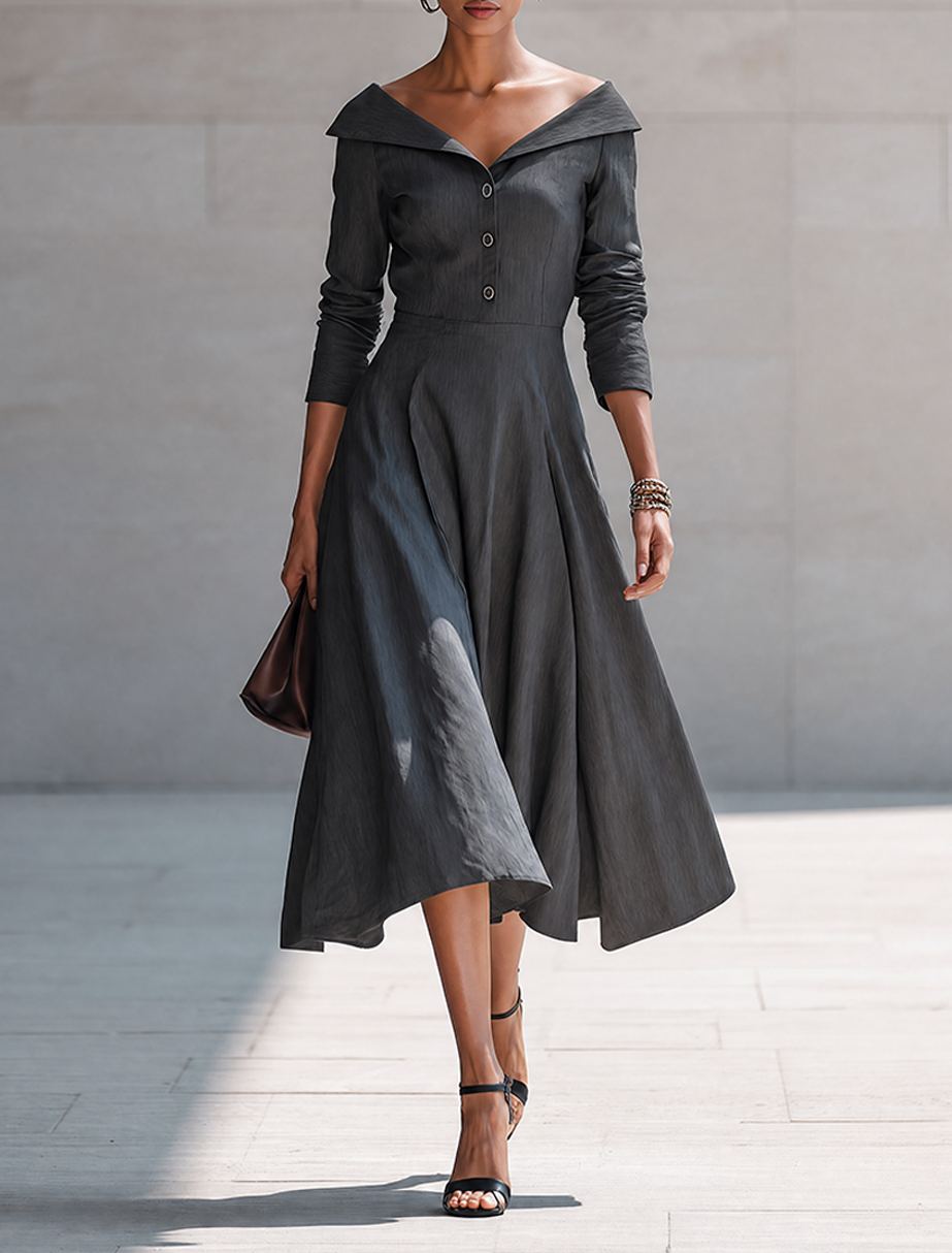 Women's Minimalist Solid-Color Cotton-Linen Off-Shoulder Button-Front Midi Dress MDZ1094G5ZRK