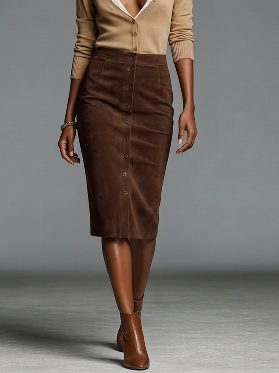 Women's Camel Knit & Brown Faux Suede Two-Piece Set With V Neck Button Cardigan & Front Button Midi Pencil Skirt, Retro Smart Casual Matching Outfit MDZ1371G2LYL