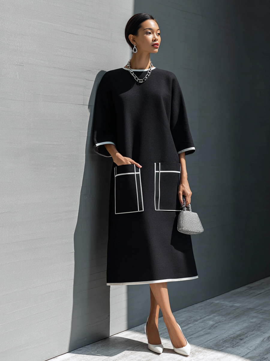 Women's Luxury Commuter Black Cotton Blend Contrast Stitch Patch Pocket 3/4 Sleeve Midi Dress MDZ1060G4GMJ