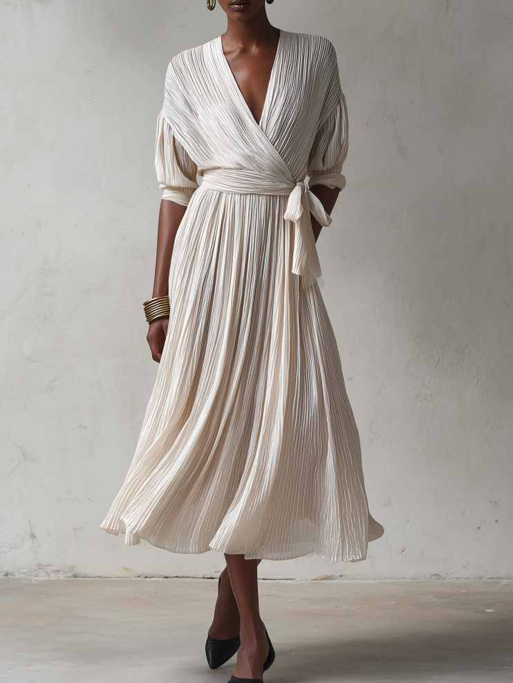 Women's Elegant Ivory Pleated Wrap V-Neck Tie Waist Batwing Sleeve Pleated Midi DressMDZ1370G0ZSQ