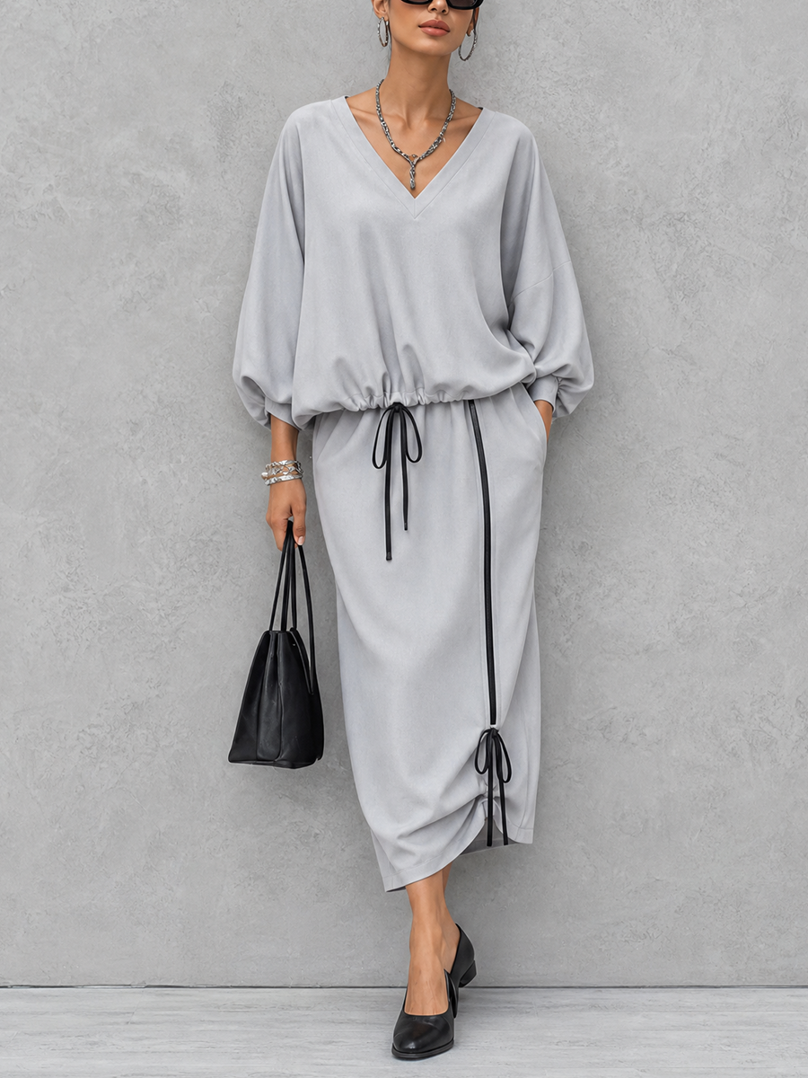 Women's Casual Commuter Light Gray Cotton Blend V-Neck Lantern Sleeve Top And Drawstring Midi Skirt Set MDZ1030G1GMJ