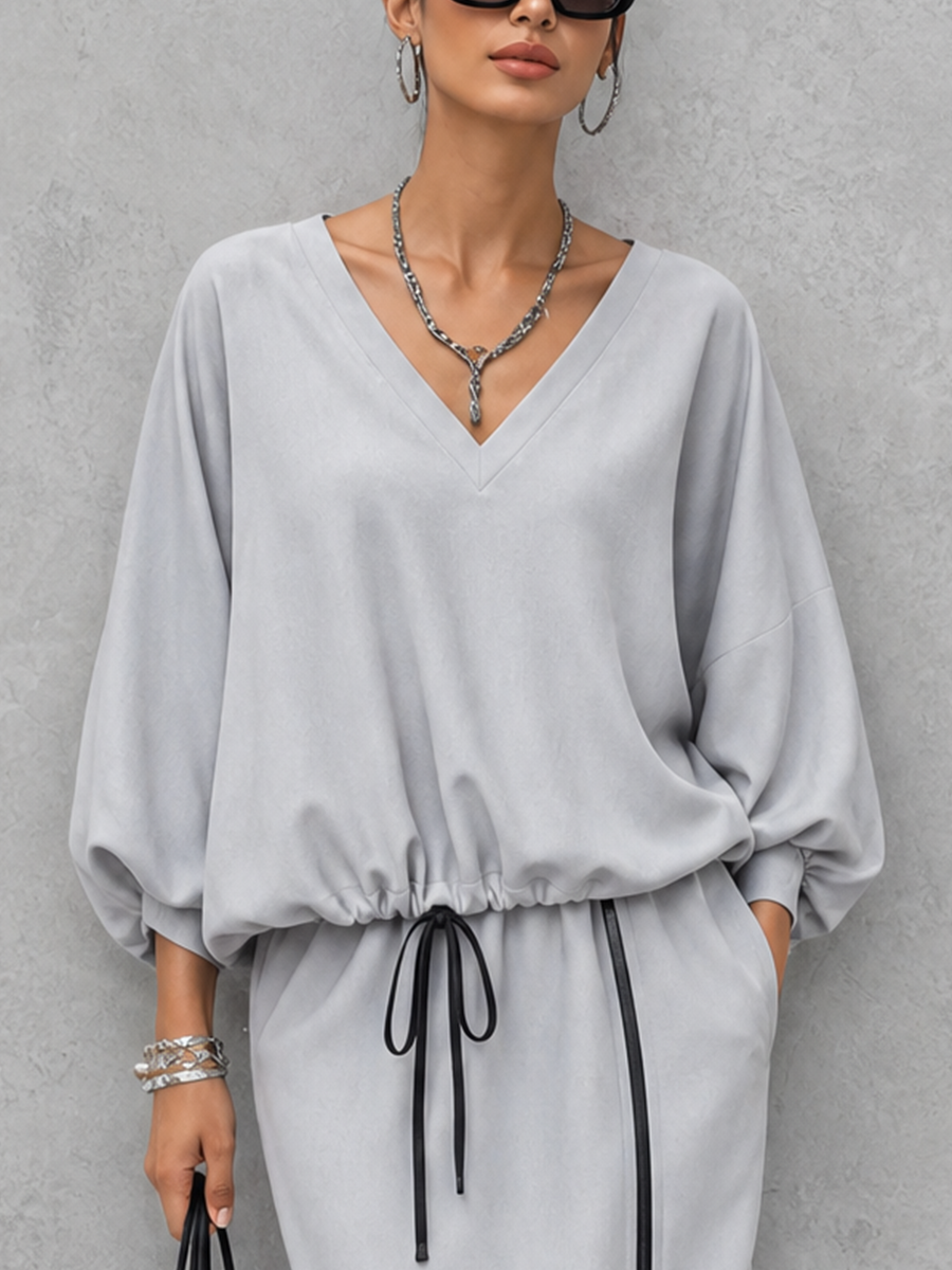 Women's Casual Commuter Light Gray Cotton Blend V-Neck Lantern Sleeve Top And Drawstring Midi Skirt Set MDZ1030G1GMJ
