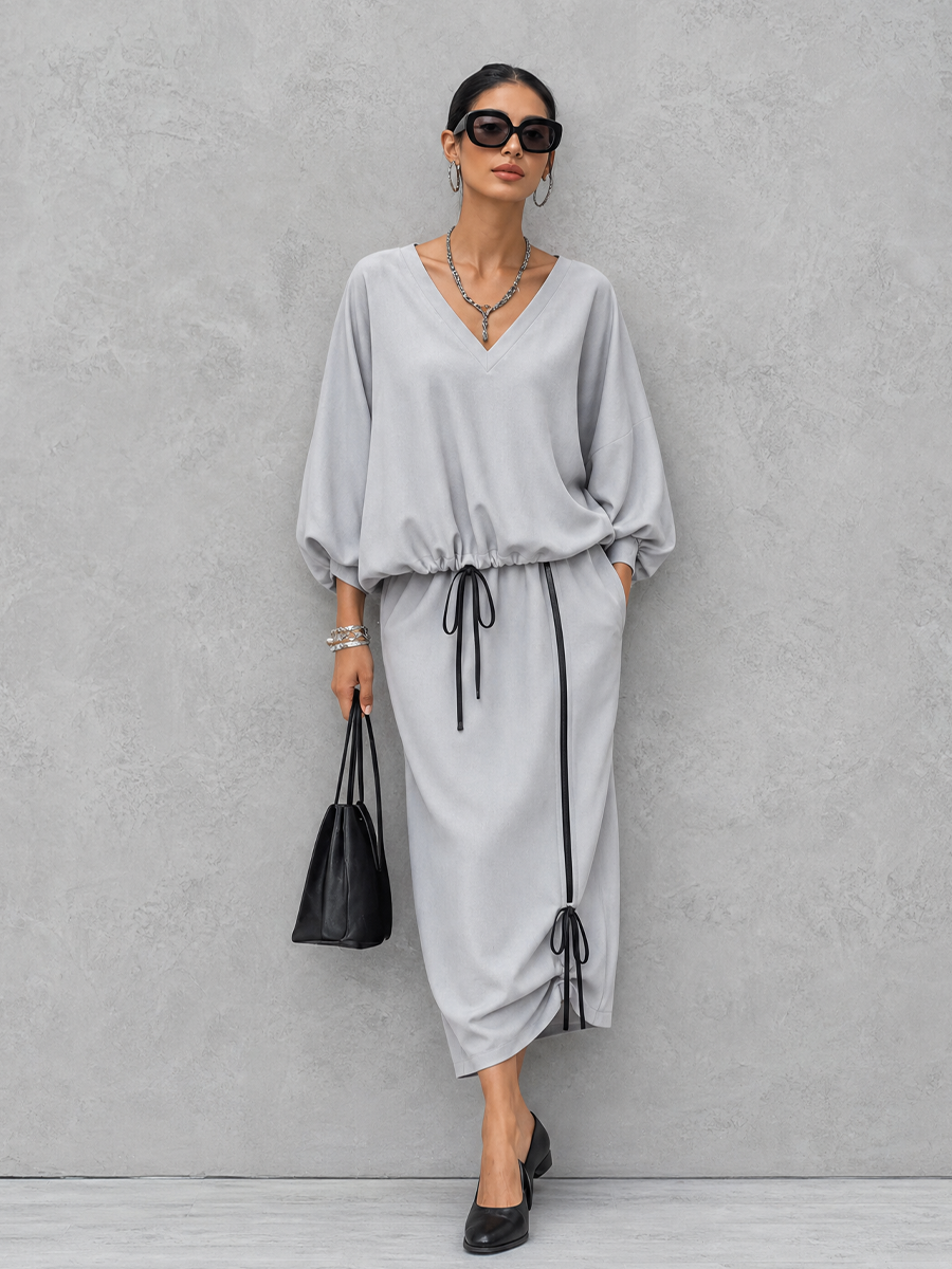 Women's Casual Commuter Light Gray Cotton Blend V-Neck Lantern Sleeve Top And Drawstring Midi Skirt Set MDZ1030G1GMJ
