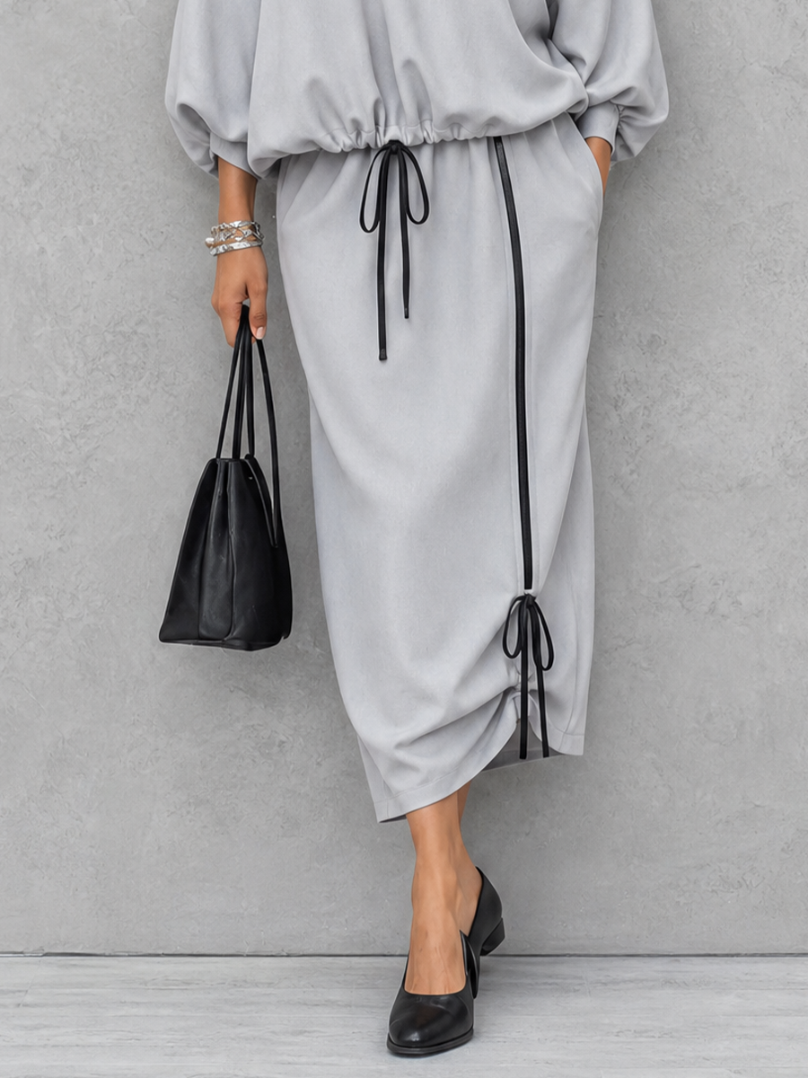 Women's Casual Commuter Light Gray Cotton Blend V-Neck Lantern Sleeve Top And Drawstring Midi Skirt Set MDZ1030G1GMJ