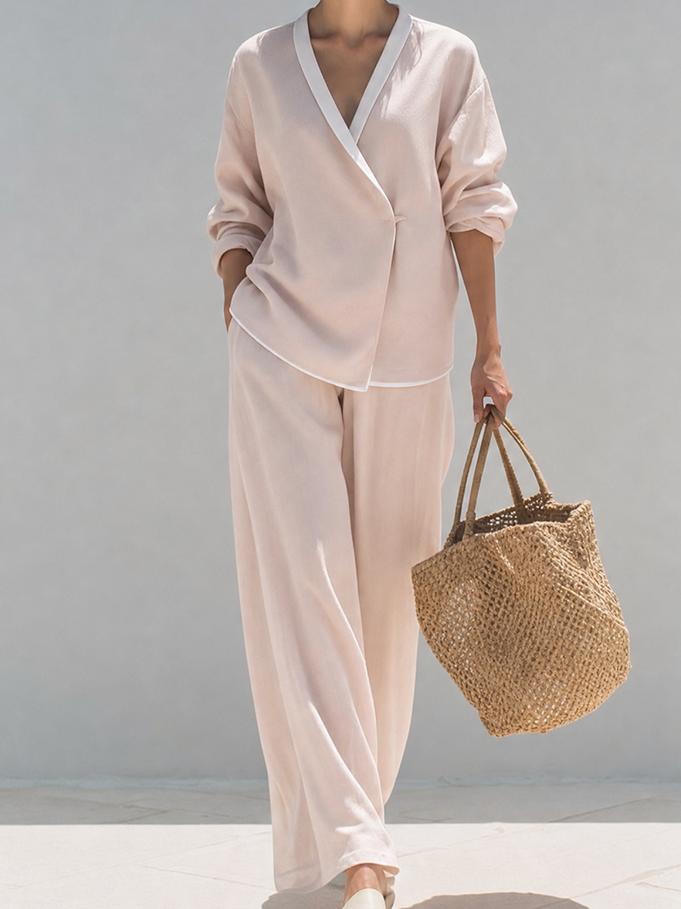 Women's Minimalist Blush Pink Viscose Blend V-Neck Contrast Trim Wrap Front Long Sleeve Top And Wide-Leg Pants Two-Piece SetMDZ1355G4ZSQ