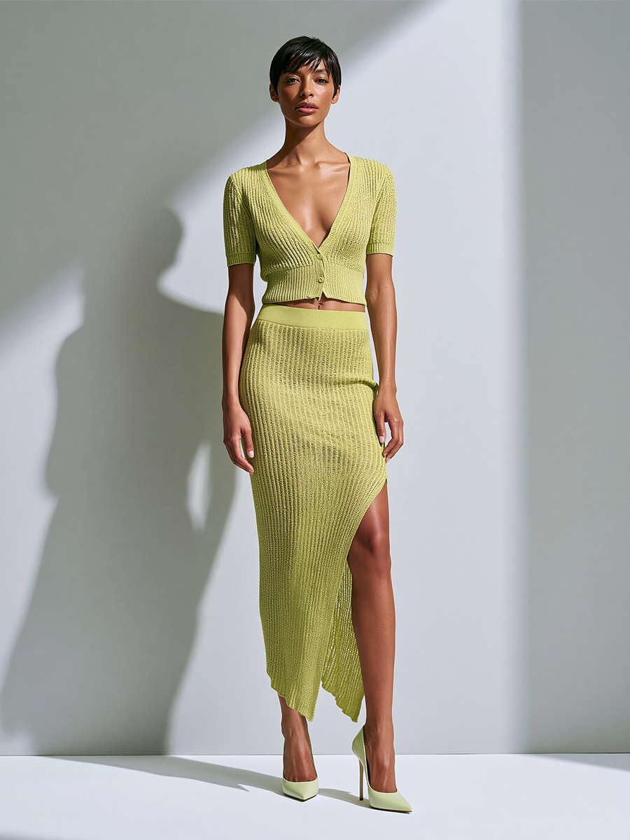 Women's Chic Lime Green Ribbed Knit V-Neck Button-Front Short Sleeve Cropped Cardigan And Side Slit Midi Skirt Two-Piece SetMDZ1376G2ZSQ