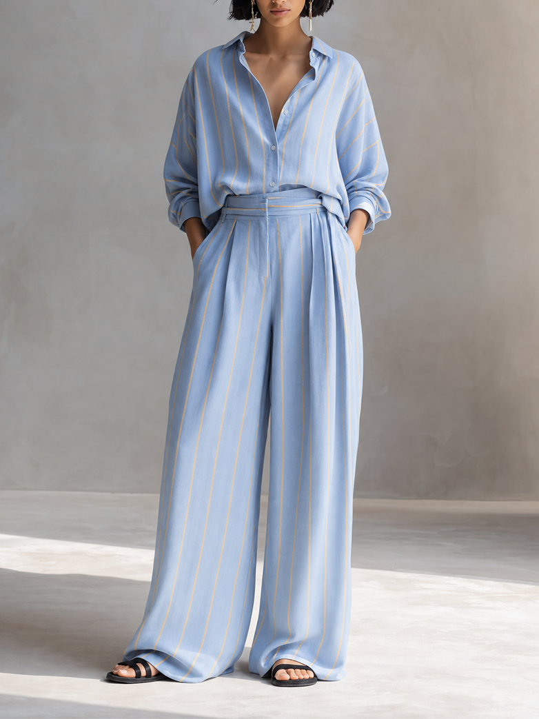 Women's Relaxed Light Blue Linen Blend Striped Collared Button-Front Long Sleeve Oversized Shirt And High-Waist Wide-Leg Pants Two-Piece SetMDZ1369G6ZSQ