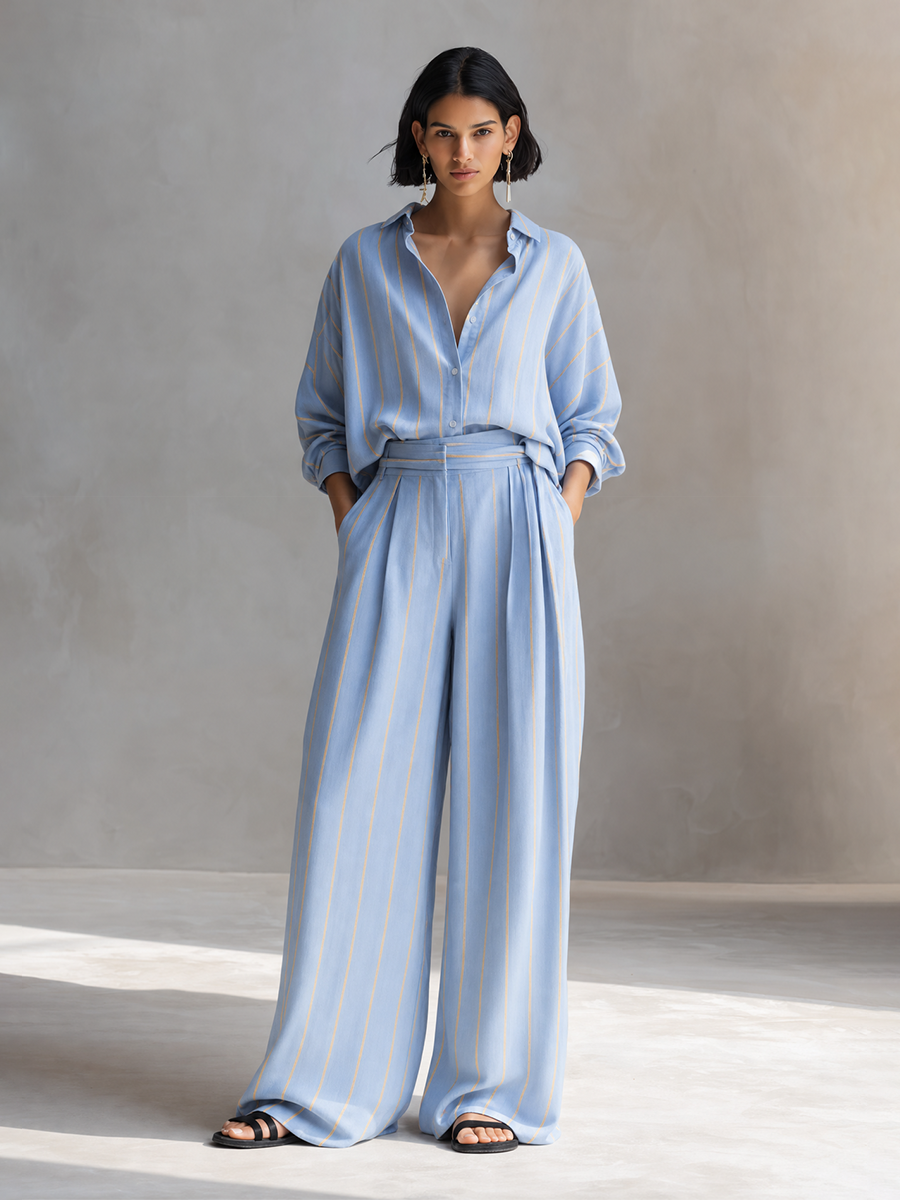 Women's Relaxed Light Blue Linen Blend Striped Collared Button-Front Long Sleeve Oversized Shirt And High-Waist Wide-Leg Pants Two-Piece SetMDZ1369G6ZSQ