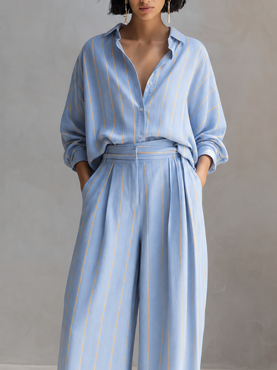 Women's Relaxed Light Blue Linen Blend Striped Collared Button-Front Long Sleeve Oversized Shirt And High-Waist Wide-Leg Pants Two-Piece SetMDZ1369G6ZSQ