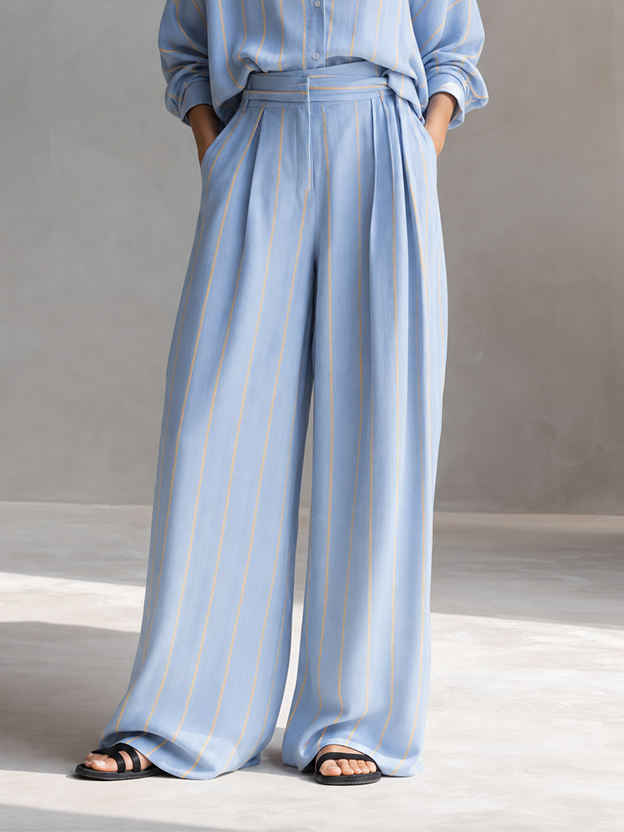Women's Relaxed Light Blue Linen Blend Striped Collared Button-Front Long Sleeve Oversized Shirt And High-Waist Wide-Leg Pants Two-Piece SetMDZ1369G6ZSQ