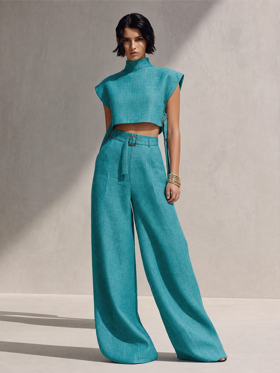 Women's Modern Teal Linen Blend Mock Neck Sleeveless Cropped Top And High-Waist Belted Wide-Leg Pants Two-Piece SetMDZ1383G1ZSQ