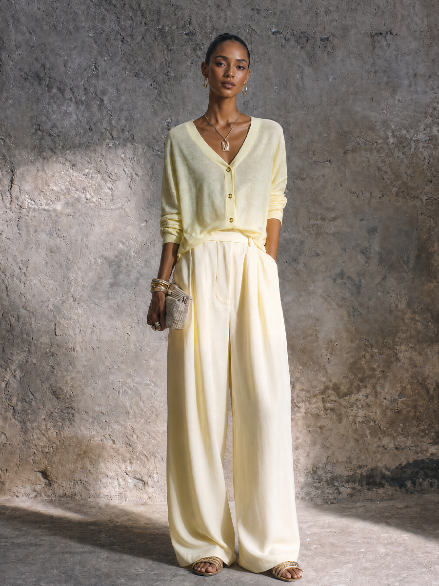Women's Minimal Casual Pale Yellow Cotton Blend V Neck Single Button Pleated Full Length Wide Leg Pants Two Piece Set MDZ1081G1GMJ