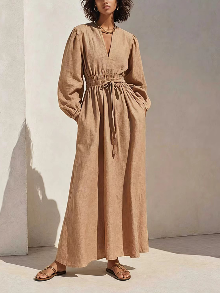 Women's Resort-Style Caramel V-Neck Bishop-Sleeve Drawstring Belted Cinched-Waist Linen Maxi DreLss MDZ1356G3CMX-copy