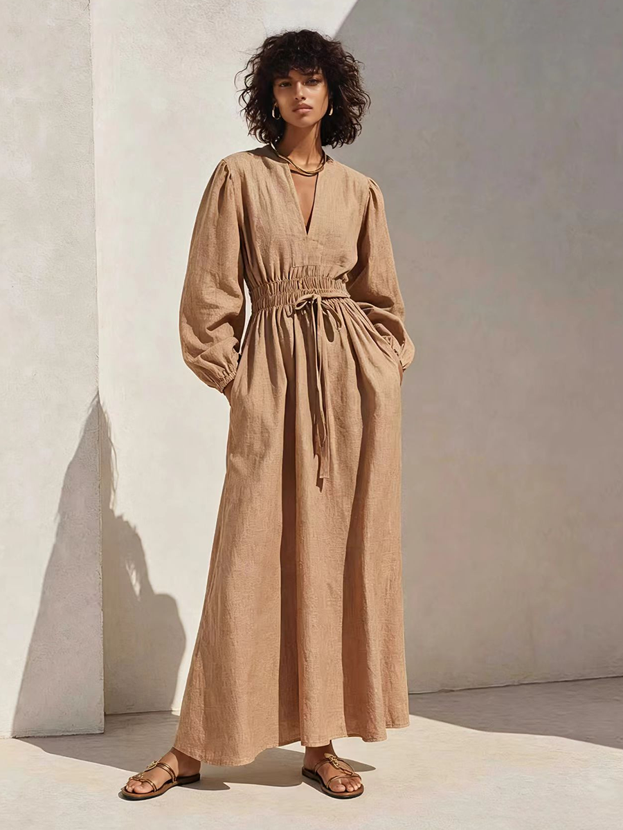 Women's Resort-Style Caramel V-Neck Bishop-Sleeve Drawstring Belted Cinched-Waist Linen Maxi DreLss MDZ1356G3CMX-copy