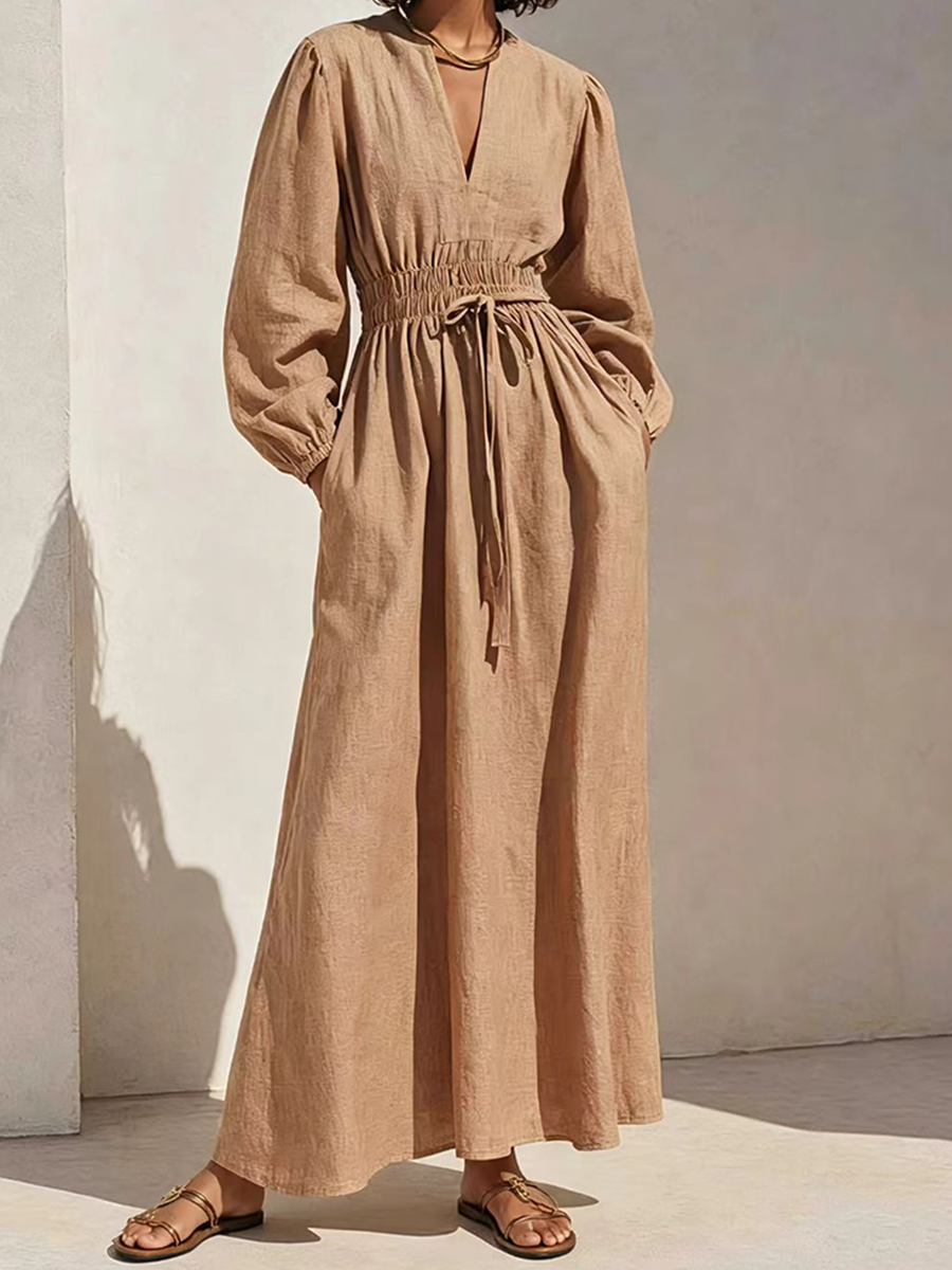 Women's Resort-Style Caramel V-Neck Bishop-Sleeve Drawstring Belted Cinched-Waist Linen Maxi DreLss MDZ1356G3CMX-copy