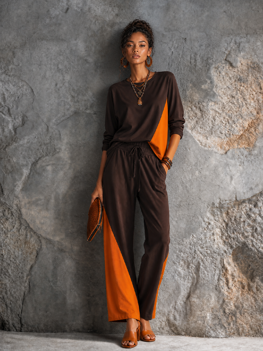 Women's Casual Dark Brown Spliced Orange Cotton Blend Contrast Slice Drawstring Wide Leg Pants Two Piece Set MDZ1329G3GMJ