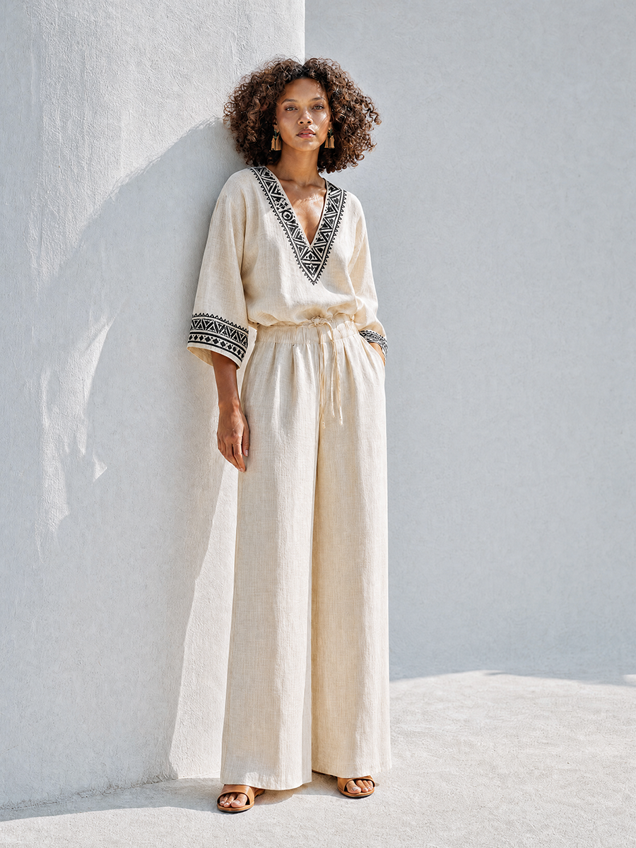 Women's Bohemian Resort-Style Beige Geometric-Embroidered V-Neck Bishop-Sleeve Drawstring Wide-Leg Linen Set MDZ1370G6CMX