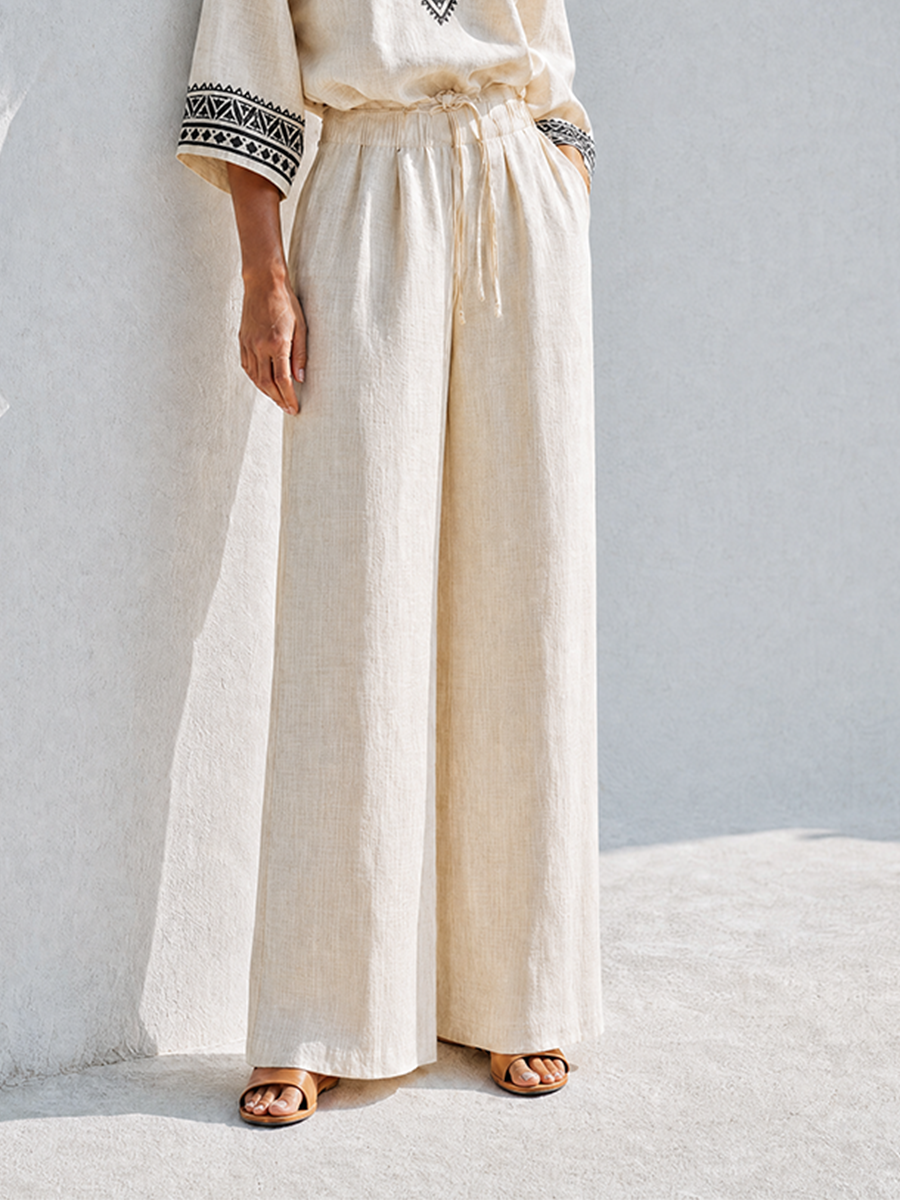 Women's Bohemian Resort-Style Beige Geometric-Embroidered V-Neck Bishop-Sleeve Drawstring Wide-Leg Linen Set MDZ1370G6CMX