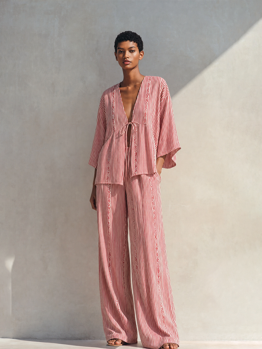 Women's Bohemian Red And White Striped Viscose Blend V-Neck Tie Front Kimono Sleeve Top And Wide-Leg Pants Two-Piece SetMDZ1490G4ZSQ