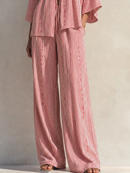 Women's Bohemian Red And White Striped Viscose Blend V-Neck Tie Front Kimono Sleeve Top And Wide-Leg Pants Two-Piece SetMDZ1490G4ZSQ
