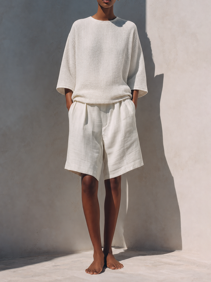 Women's Minimalist Ivory Cotton Linen Blend Waffle Textured Round Neck Short Sleeve Top And Pleated Bermuda Shorts Two-Piece SetMDZ1482G1ZSQ