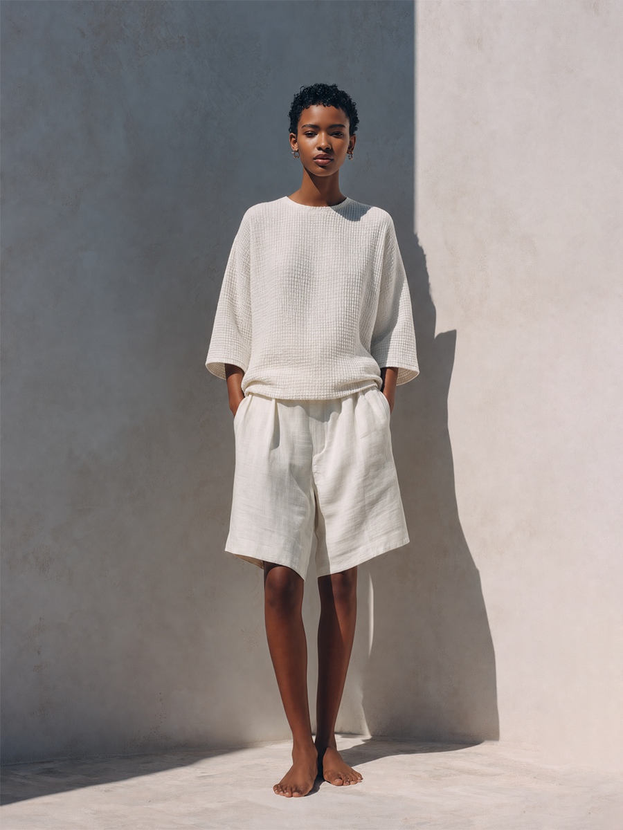 Women's Minimalist Ivory Cotton Linen Blend Waffle Textured Round Neck Short Sleeve Top And Pleated Bermuda Shorts Two-Piece SetMDZ1482G1ZSQ