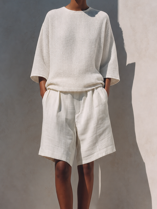 Women's Minimalist Ivory Cotton Linen Blend Waffle Textured Round Neck Short Sleeve Top And Pleated Bermuda Shorts Two-Piece SetMDZ1482G1ZSQ