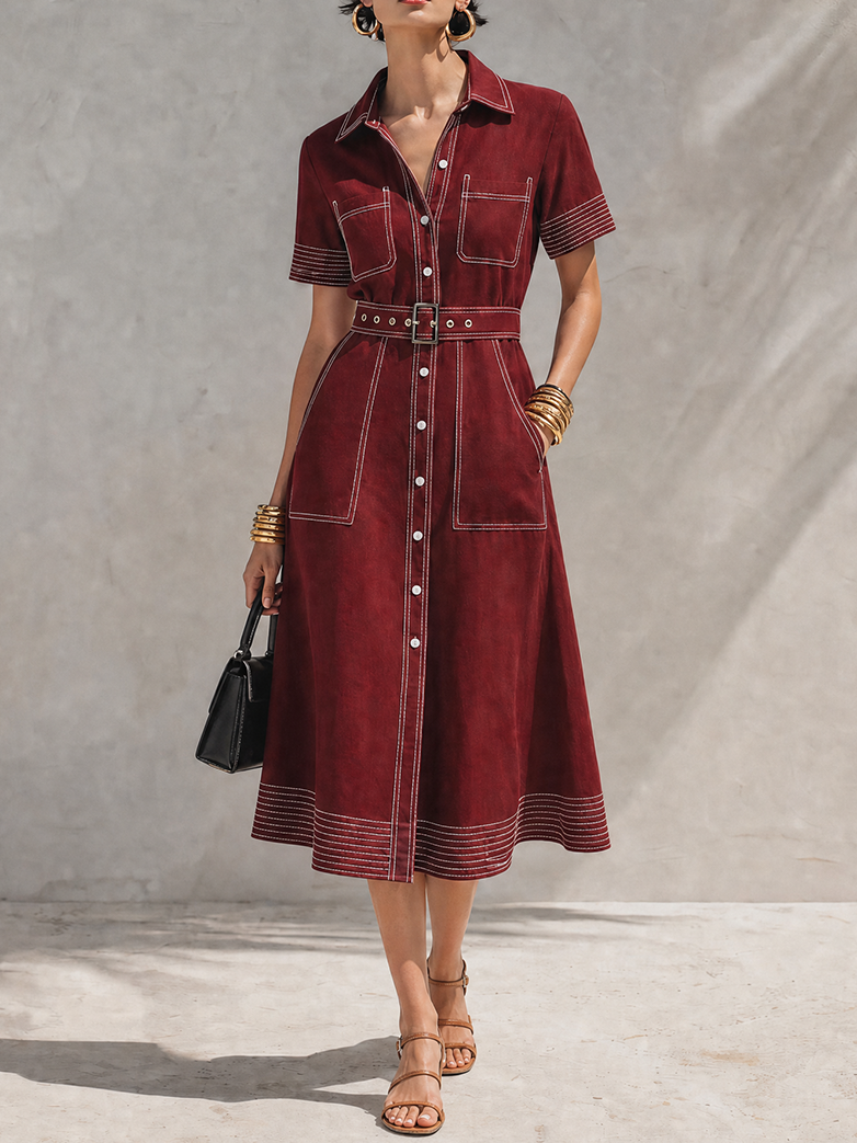 Women's Vintage Style Burgundy Cotton Blend Collared Short Sleeve Contrast Topstitch Belted Button-Front Midi Shirt DressMDZ1453G7ZSQ