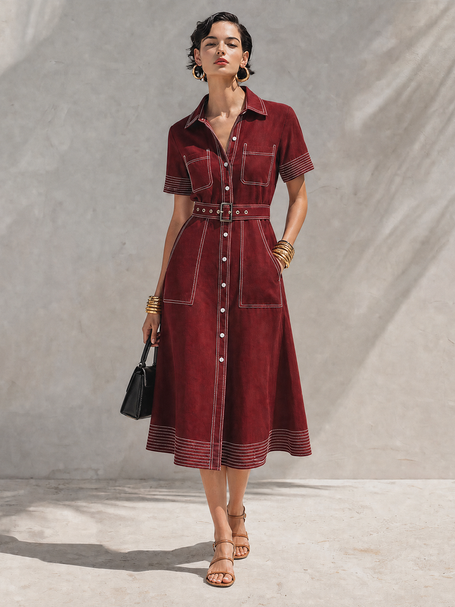 Women's Vintage Style Burgundy Cotton Blend Collared Short Sleeve Contrast Topstitch Belted Button-Front Midi Shirt DressMDZ1453G7ZSQ