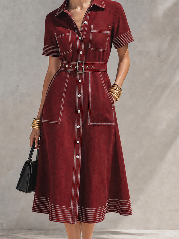 Women's Vintage Style Burgundy Cotton Blend Collared Short Sleeve Contrast Topstitch Belted Button-Front Midi Shirt DressMDZ1453G7ZSQ