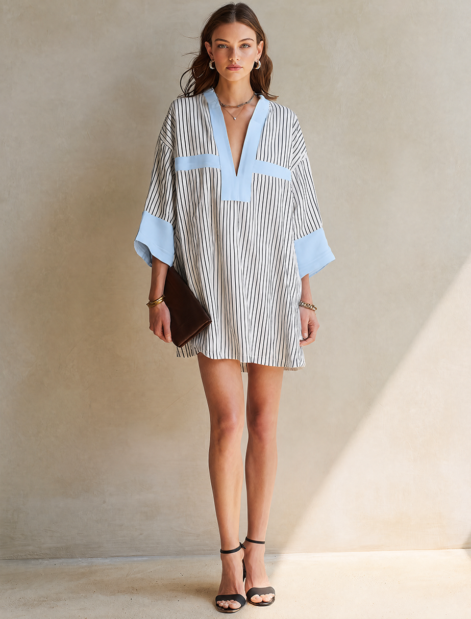 Women's Minimalist Vertical‑Striped Mini Dress With Light‑Blue Contrast Trim And Three‑Quarter Sleeves MDZ1480G2ZRK