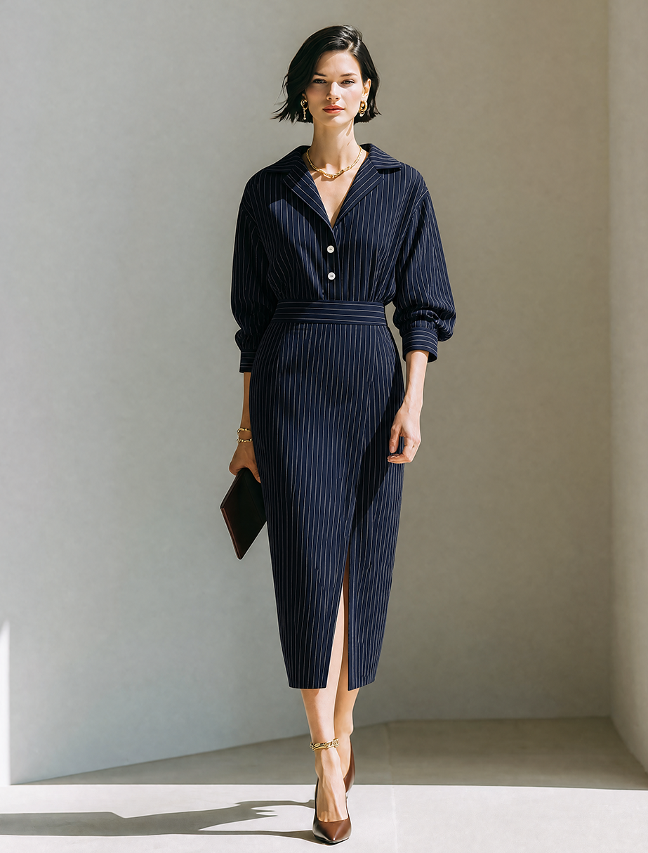 Women's Minimalist Vertical‑Striped Midi Shirt Dress With Blazer Collar And Long Sleeves MDZ1417G2ZRK
