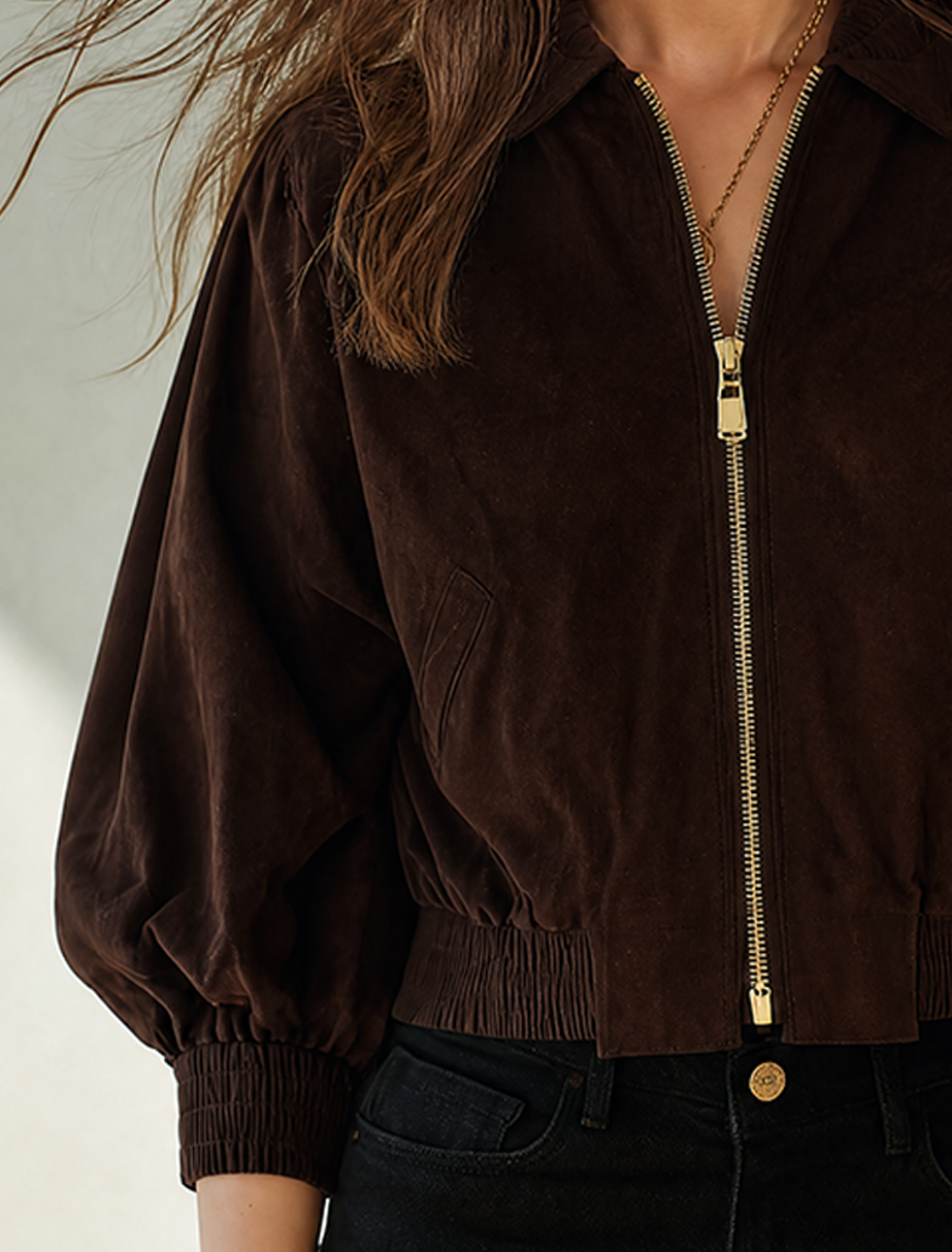 Women's Stylish Cropped Faux Suede Zip-Up Jacket With Lapel Collar MDZ1419G3ZRK