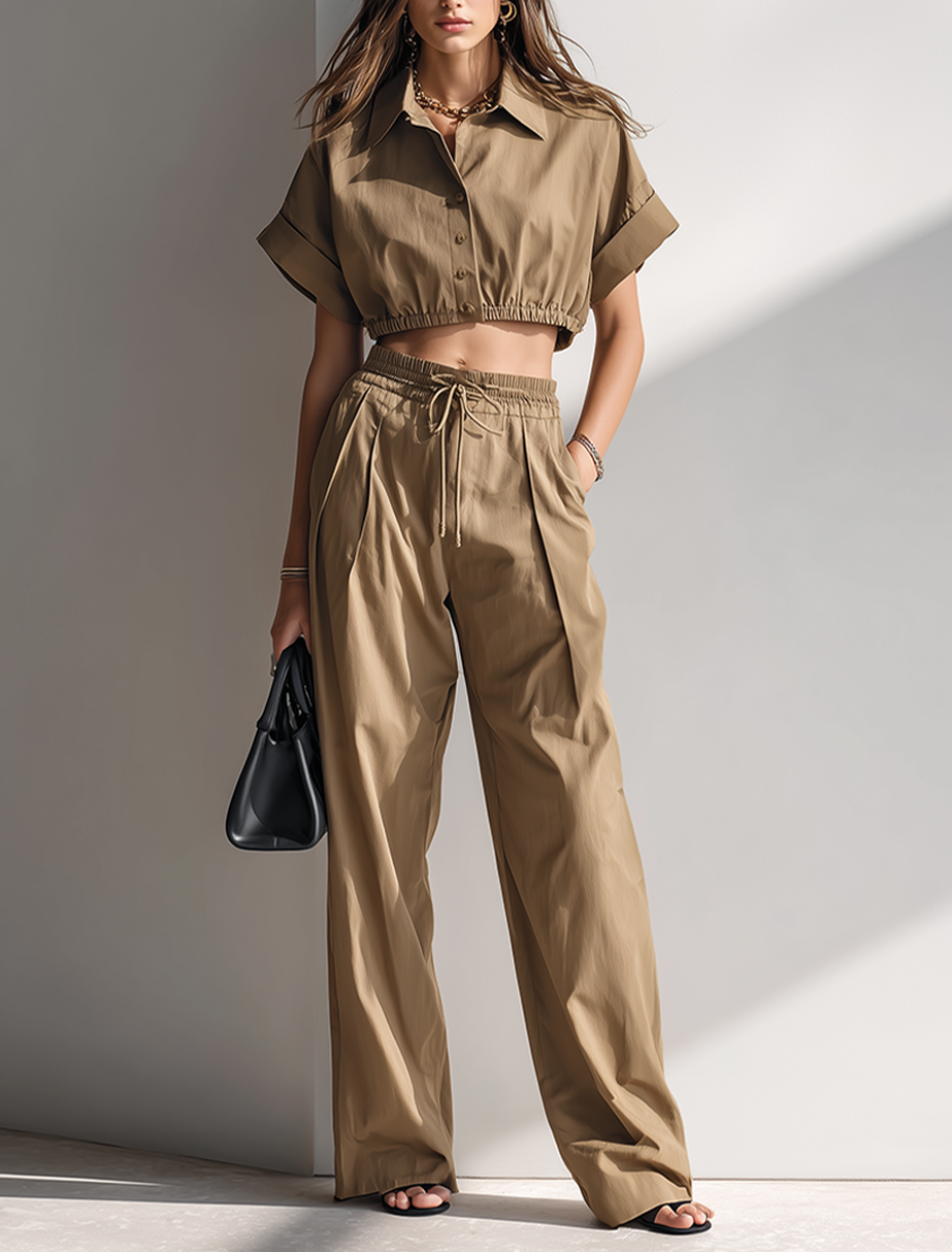 Women's Khaki Cotton‑Blend Collared Cropped Shirt Top & Wide‑Leg Pants Set MDZ1448G9ZRK