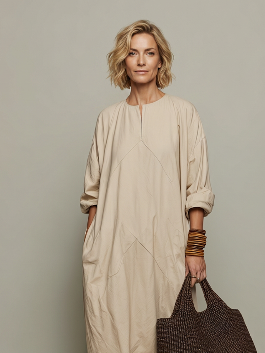 Women's Beige Cotton Midi Kaftan Dress With Split Crew Neck & Rolled T – Modesees