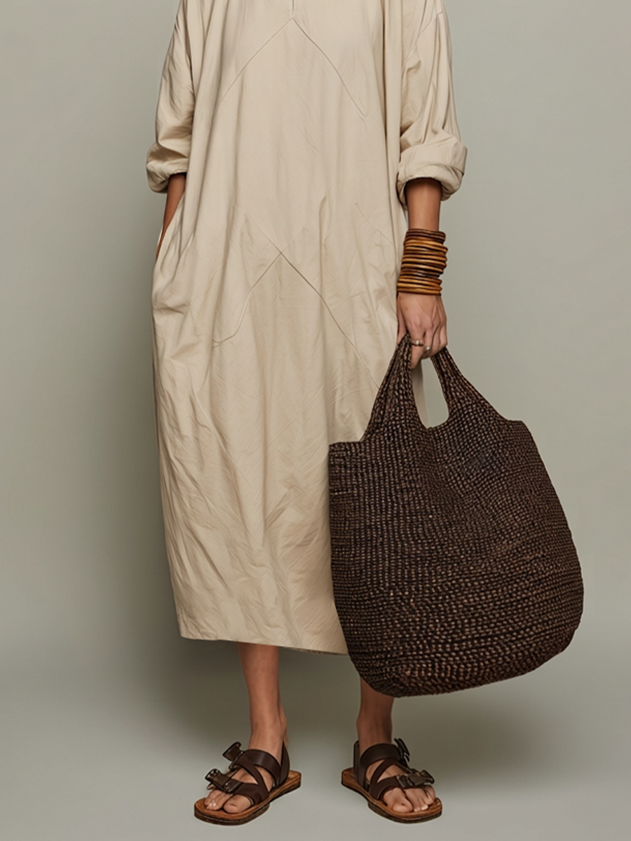 Women's Beige Cotton Midi Kaftan Dress With Split Crew Neck & Rolled Three Quarter Sleeves, Minimalist Lagenlook Loose Casual Midi Dress MDZ1431G2LYL
