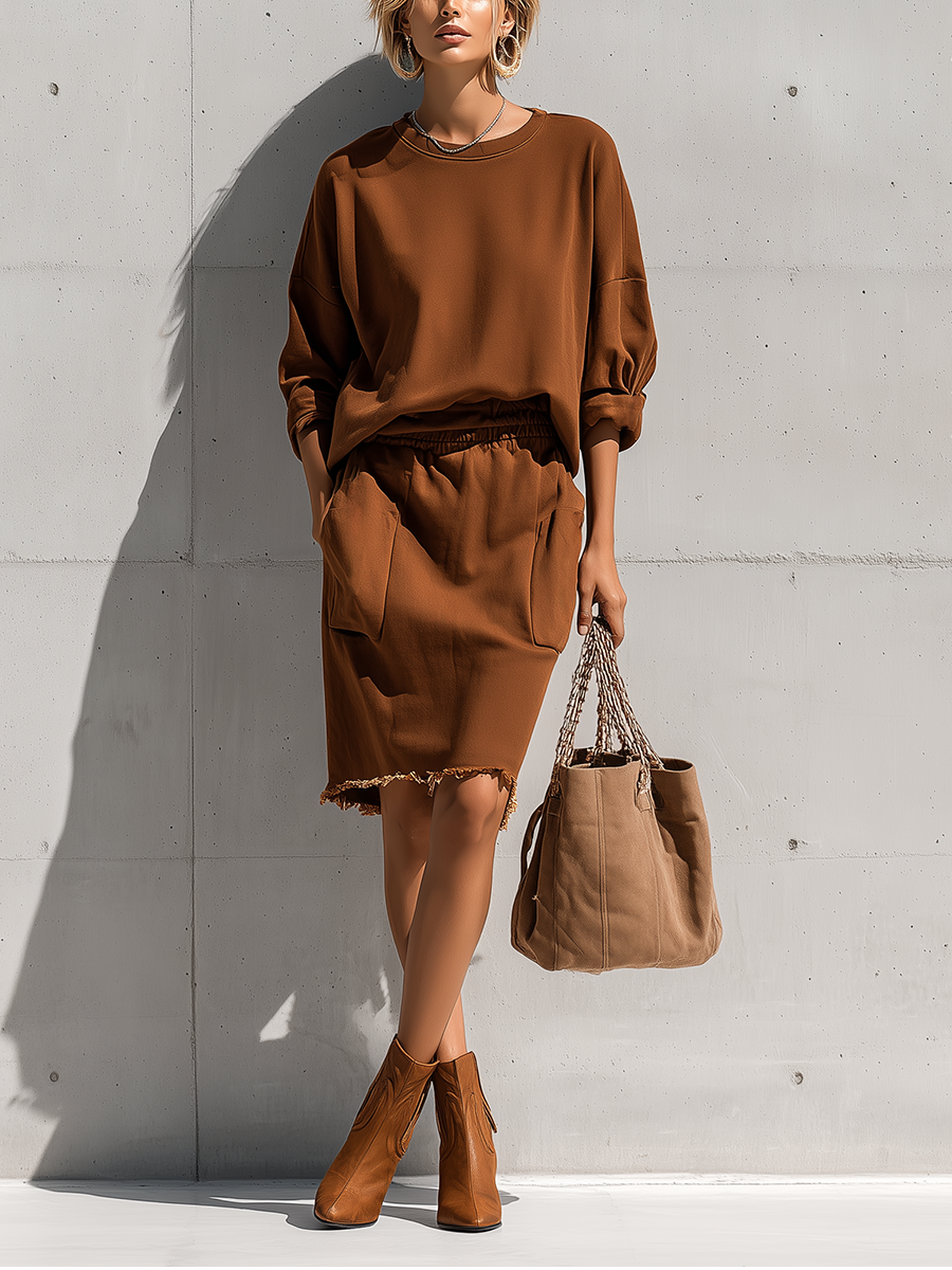 Women's Coffee Brown Oversized Round Neck Long Sleeve Sweatshirt Frayed Hem Pocket Midi Skirt Two Piece Outfit Set MDZ1415G8YZJ